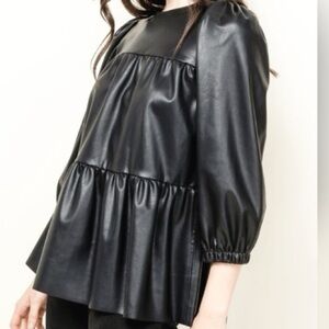 Zara Faux Leather Tiered Babydoll Black Blouse